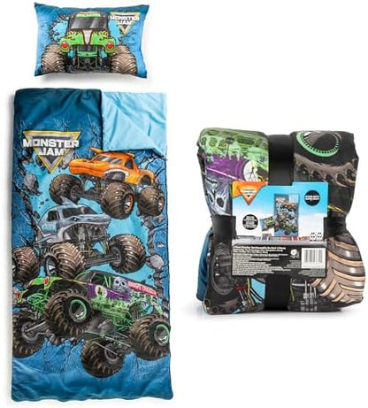 Jay Franco Kids Slumber Bag and Pillow - 54 x 27 Inch Comfy Indoor Sleeping Bag for School and Sleepovers, 2 Piece Set, Blue - Monster Jam