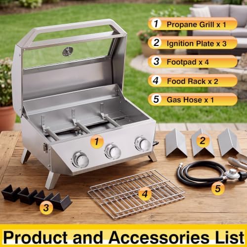 Bestfire 3-Burner Tabletop Propane Gas Grill, 30,000 BTU Portable Propane BBQ Grill with Viewing Glass Lid & Thermometer, Stainless Steel Outdoor Cooking Grill for Camping, RV, Patio and Tailgating