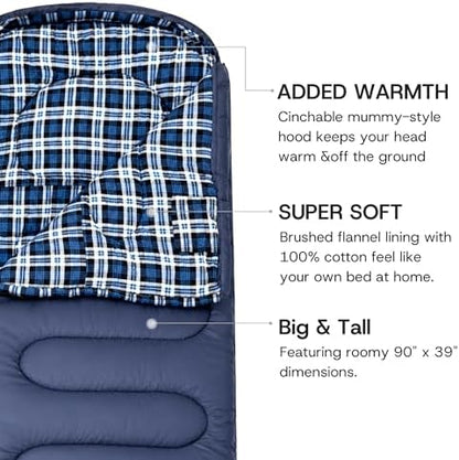 100% Cotton Flannel XXL 3-4 Season Sleeping Bags for Adults