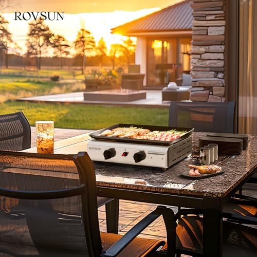 ROVSUN 2 Burner Portable Propane Griddle with Electronic Ignition & Regulator, 20,000 BTU Tabletop Flat Top Gas Grill with Nonstick Enameled Tray for Outdoor Cooking Camping BBQ Tailgating Picnicking