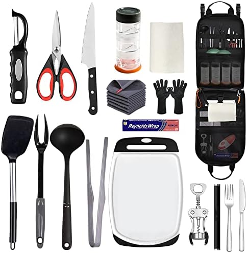 Camp Kitchen Organizer, High Capacity Camping Cooking Utensils Bag, with Hanging Hooks and Paper Towel Holder, Multi-pocket Waterproof Portable Storage for BBQ Outdoor Cooking Essentials
