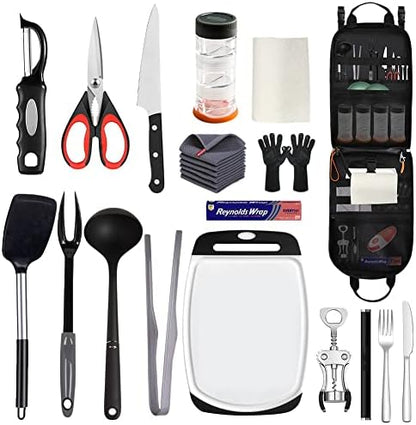 Camp Kitchen Organizer, High Capacity Camping Cooking Utensils Bag, with Hanging Hooks and Paper Towel Holder, Multi-pocket Waterproof Portable Storage for BBQ Outdoor Cooking Essentials