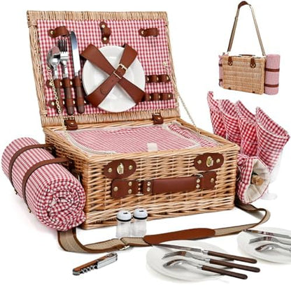 Picnic Basket with Blanket and Wine Pouch for 4, Wicker Picnic Set with Insulated Liner Cooler Bag Hamper for Camping,Wedding - Red Gingham
