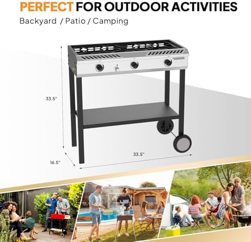 Bonnlo 3 Burner Propane Stove with Inginition, 225000BTU Gas Stove with Storage Shelf and Portable Rolling Wheels, Gas Burner for Outdoor Camping Patio Backyard Cooking Boiling Frying Stewing