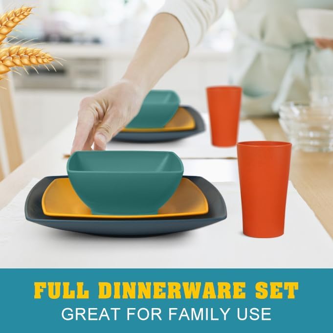 Teivio 16-piece Plastic Wheat Straw Square Dinnerware Set for 4, Unbreakable Dinner Plates, Salad Plates, Snack Bowls, Tumblers 13.5 oz, Dishwasher Safe, Autumn Multicolor