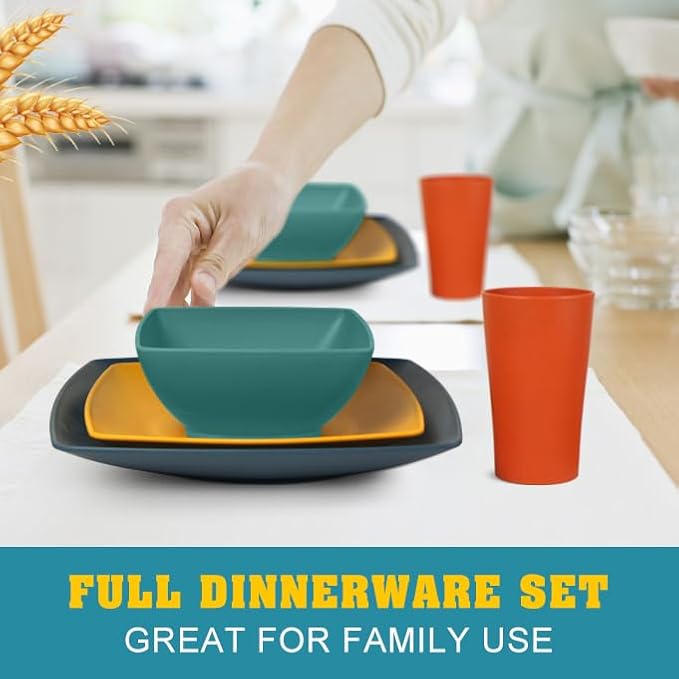 Teivio 16-piece Plastic Wheat Straw Square Dinnerware Set