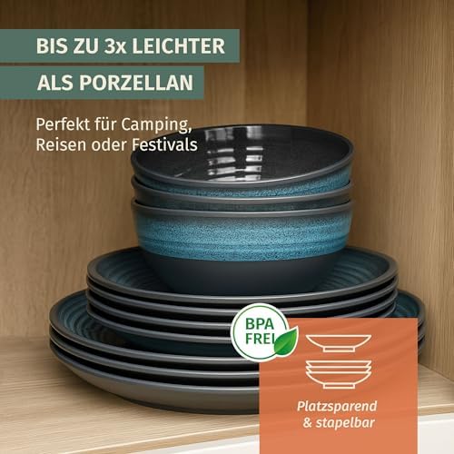 Moritz Camping Tableware Made of Melamine for 4 People, 12 Pieces, Dishwasher Safe, Picnic Crockery Set, Crockery Camping Tableware, Stone Blue Design