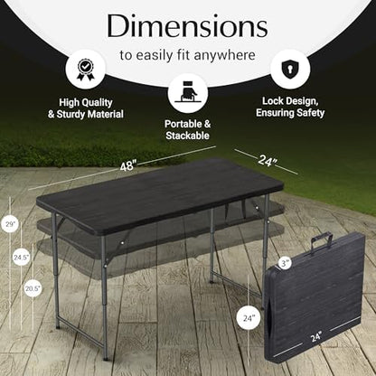 4 Feet Foldable Table Adjustable Height with Built in Handle, Steel Legs | 4FT Heavy Duty Portable | Perfect for Party Dining Wedding Events Picnic Indoor Outdoor Camping Utility Folding - 4 Foot