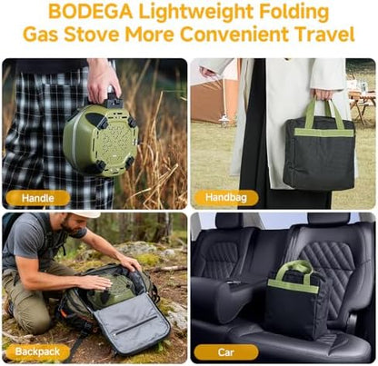 BODEGA 2 Burner Camping Stove,20000 BTU Foldable Propane Camp Stove with Pressure Adjustable Burners,Wind-Resistant Dual Gas Stoves with Portable Handle&Bag&GrillPan for Camping,BBQ,RV,Tailgating