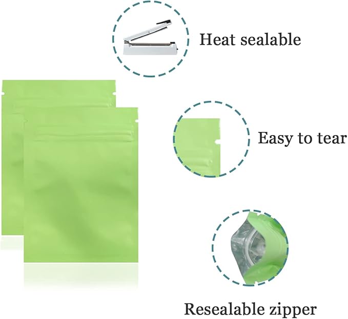 FERENLI 100Pcs Zipper Lock Self Seal Flat Pouch for Zip Aluminum Foil Lock Package Bag Coffee Food Storage Resealable Mylar Bags Heat Sealable Candy Reclosable Bags (12x18cm (4.7x7.1 inch), Green)