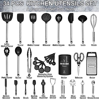 Umite Chef Thickened Kitchen Utensils Set- Silicone Cooking Utensils Set for Nonstick Cookware-Silicone Spatulas Set, Heavy Duty Stainless Steel Handle-Black Kitchen Gadgets Tools Set