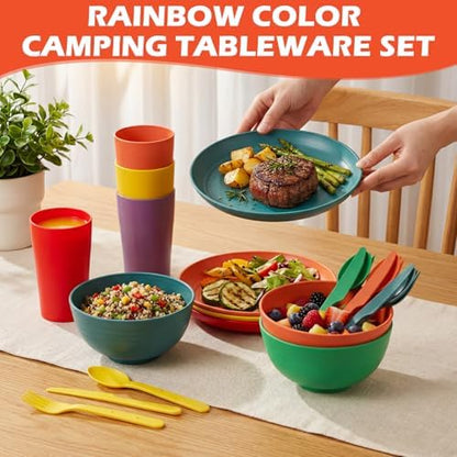 Remerry 6 Sets Camping Mess Kit with Plates Bowls Cups Spoon Fork and Knife Cutlery in 6 Colors Tableware Reusable Plastic Tableware Set for Travel Picnic Camping Necessity Home Party