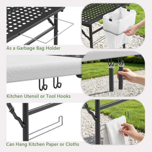 Folding Table, 5ft Folding Grill Table, Portable Camping Prep Table for Cooking & BBQ, 2-in-1 Metal&Solid Surface Foldable Grill Station for Camping, Backyard, Patio Cooking Use,(Black and White)
