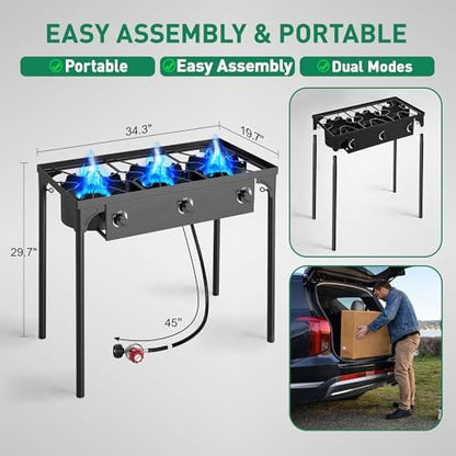 3 Burner Propane Camping Stove|225,000 BTU High-Pressure Gas Stove with Regulator|Portable for Backyard, Patio BBQ, Outdoor Cooking|parrillas de gas para cocinar afuera