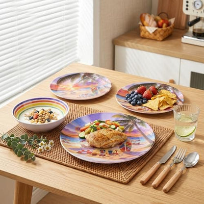 12-Piece Melamine Plates and Bowls Set, Beach Sunset Dinnerware Set