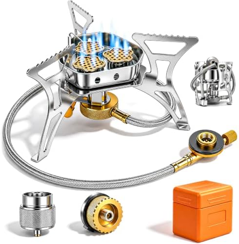 6800W Camping Backpacking Stove with Piezo Ignition, Fuel Canister Adapters