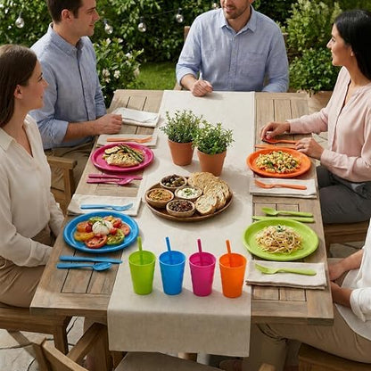 Basicwise 20-pc Reusable Plastic Dinnerware Set for 4 – Microwavable & Dishwasher Safe Assorted Color Plates, Cups, and Cutlery for Party, Picnic, Camping, Outdoor Gathering & Everyday Dining