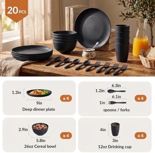 Homienly Wheat Straw Dinnerware Sets, Homienly 20pcs Unbreakable Microwave Dishwasher Safe Tableware Lightweight Bowls, Cups, Plates Set Reusable Dinner Plates Bowls set (Matte Black)