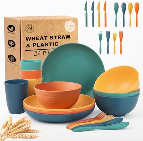 Plastic Dinnerware Sets for 4, Kitchen Plates and Bowls Set - Multi
