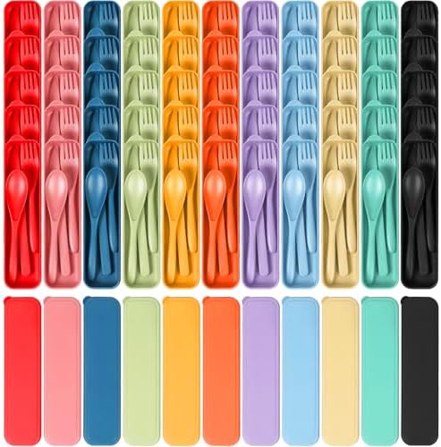YDYTOP Reusable Travel Utensils Set with Case, 55 Sets Wheat Straw Knife Fork Spoon Cutlery, Multicolor Plastic Silverware for Kids and Adults, School Lunch, Party, Picnic and Camping