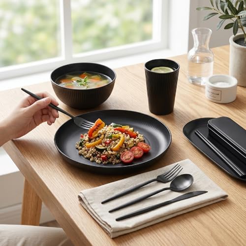 Asixxsix Dinnerware Set for 4, 20 Piece Reusable Plates Bowls and Cutlery Set, Microwave Safe and Dishwasher Safe, with Storage Box for Travel Camping Picnics