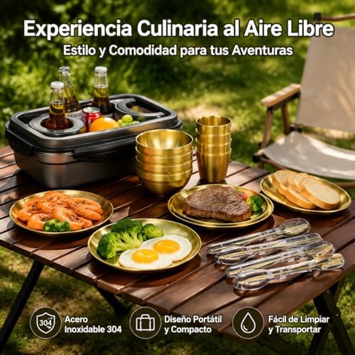 304 Stainless Steel Dinnerware Sets for 6, Portable Camp Kitchen Dinnerware, Shiny Outdoor Dish Sets, Family Camping Plates Bowls 33.5x23.5x12.5cm, 4-Person Tableware Set