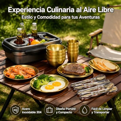 304 Stainless Steel Dinnerware Sets for 6, Portable Camp Kitchen Dinnerware, Shiny Outdoor Dish Sets, Family Camping Plates Bowls 33.5x23.5x12.5cm, 4-Person Tableware Set