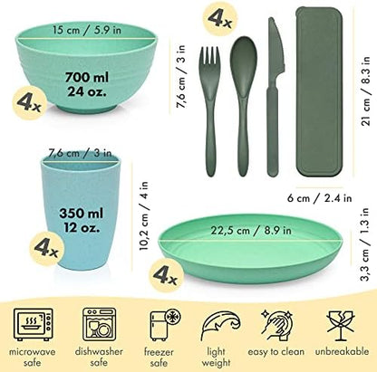 FOODLE Wheat Straw Dinnerware Set - RV, Camping, Picnic Plates Cups & Bowls