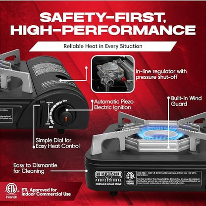 Chef Master Portable Butane Camping Stove, Tabletop Gas Cooker, 7,650 BTU
