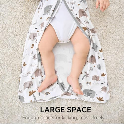 Baby Sleep Sack 12-18 Months, Long Sleeve Baby Wearable Blanket 0.5 Tog with Mittens, 2-Way Zipper Toddler Cotton Sleeping Sack for Boy and Girl Grey Elephant 2 Pack(Large)