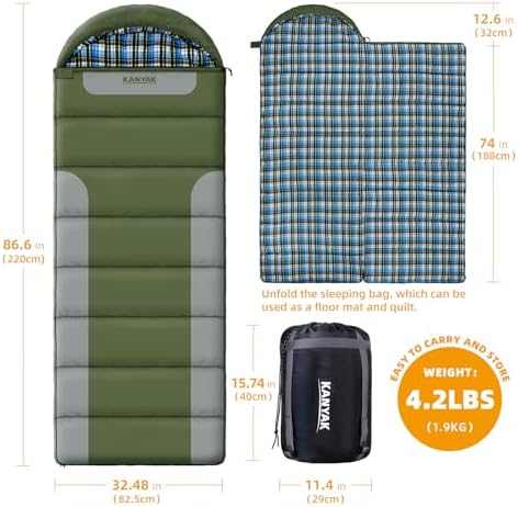 Cotton Flannel Lined Sleeping Bag for Adults Teens Kids, Cold Weather &Warm, 3 Seasons, Lightweight Compact Camping Essentials Equipment, Hiking, Outdoor, Travel