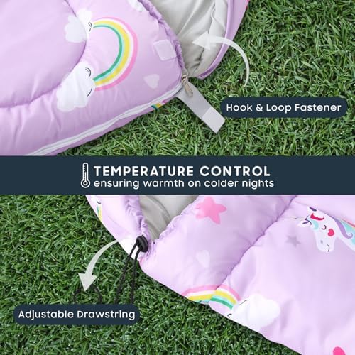 Wake In Cloud - Kids Sleeping Bag for Girls Toddlers, Camping in Warm Cold Weather, Backpacking Lightweight Compact Outdoor Liner for 3 Seasons, Unicorns Rainbow Clouds