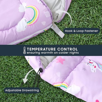 Wake In Cloud - Kids Sleeping Bag for Girls Toddlers, Camping in Warm Cold Weather, Backpacking Lightweight Compact Outdoor Liner for 3 Seasons, Unicorns Rainbow Clouds