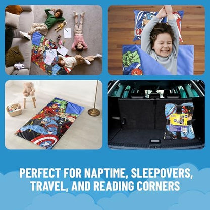 Jay Franco Kids Slumber Bag and Pillow - 54 x 27 Inch Comfy Indoor Sleeping Bag for School and Sleepovers, 2 Piece Set, Blue - Avengers