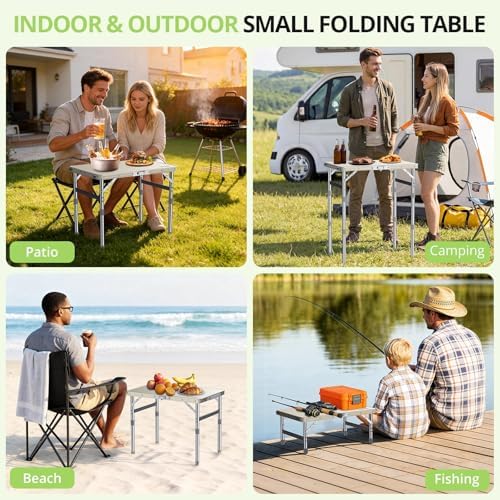2ft Plastic Folding Camping Table, 3 Adjustable Height Waterproof Small Folding Table Lightweight & Portable with Carry Handle for Outdoor Camping RV Travel Picnic Beach, 22.8" X 15.7", White