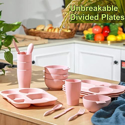 Honoson 24pcs Wheat Straw Dinnerware, Unbreakable, Pink