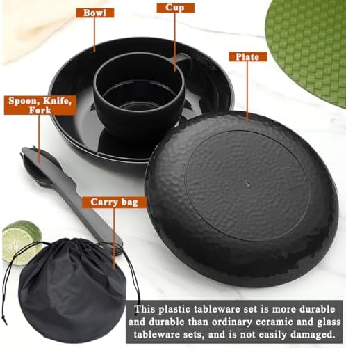 Berglander Camping Mess Kit with Bowl, Plate, Cup, Spoon, Fork, Knife and Carry Bag, Plastic Camping Accessories Essentials Gear for Travel, Camping, Picnic, Outdoor, Easy to Carry & Store