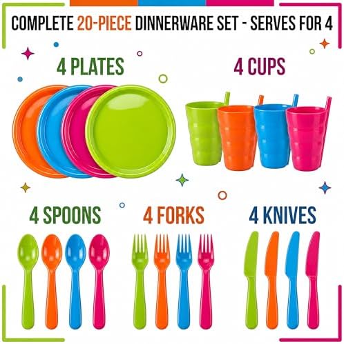 Basicwise 20-pc Reusable Plastic Dinnerware Set for 4 – Microwavable & Dishwasher Safe Assorted Color Plates, Cups, and Cutlery for Party, Picnic, Camping, Outdoor Gathering & Everyday Dining