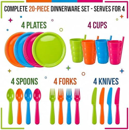 Basicwise 20-pc Reusable Plastic Dinnerware Set for 4 – Microwavable & Dishwasher Safe Assorted Color Plates, Cups, and Cutlery for Party, Picnic, Camping, Outdoor Gathering & Everyday Dining