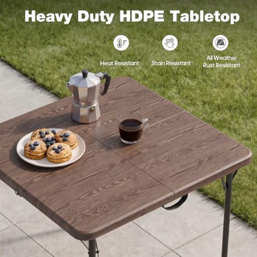 34" Square Folding Table for 4 Person, 330lbs Weight Capacity Foldable Table with HDPE Tabletop & Heavy-Duty Steel Legs, Portable Picnic Table for Indoor Outdoor Parties, Camping, Coffee Woodgrain