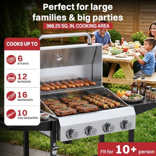 4 Burner Propane Gas Grill, 48000 BTU BBQ Grill with Lid & Wheels