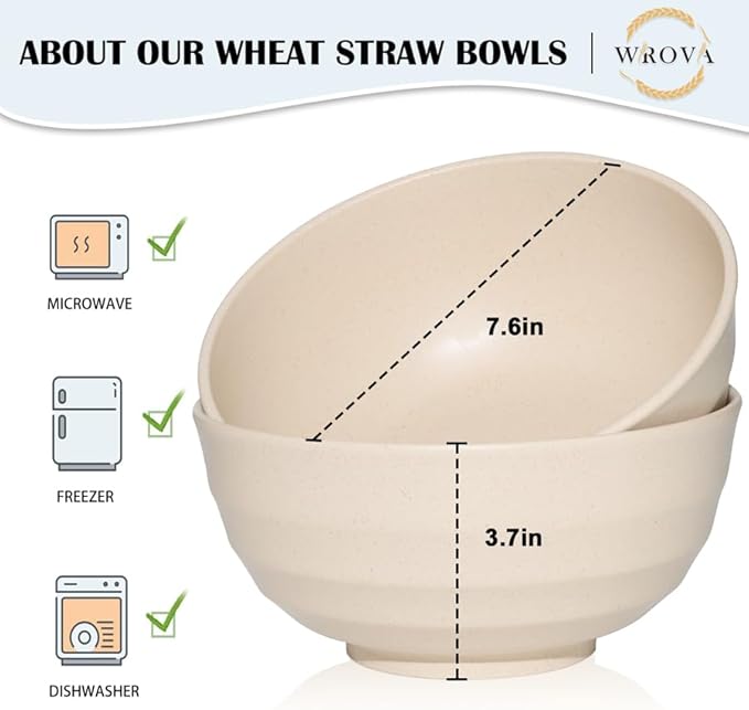 Wrova Wheat Straw Bowls Set 60 OZ, Unbreakable Large Beige Bowls Set of 6, Microwave & Dishwasher Safe Big Cereal Bowl for Picnic and Party BPA Free Salad Bowl for Serving Oatmeal and Popcorn (Beige)