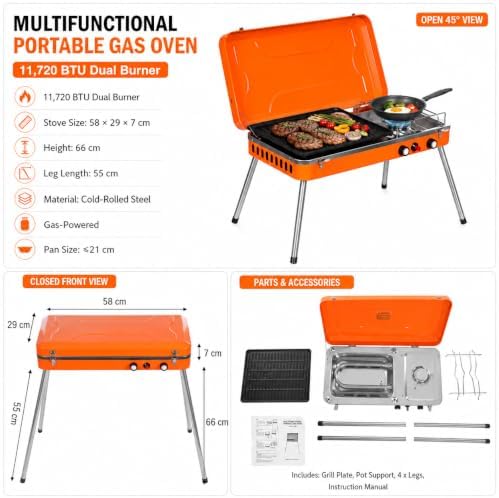 Propane Camping Grill 11,720 BTU Dual Burner, Portable 2-in-1 Tabletop BBQ Stove with Non-Stick Coating, Anti-Slip Mats, Easy Carry Handle for Camping, Picnics, Tailgating