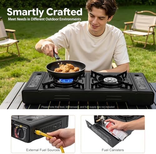 2-Burner Portable Camping Stove, Double Burner Butane Stove, Butane Camping Stove Kit with Carrying Case, Outdoor Travel Camp Stove for Camping, BBQ, Home