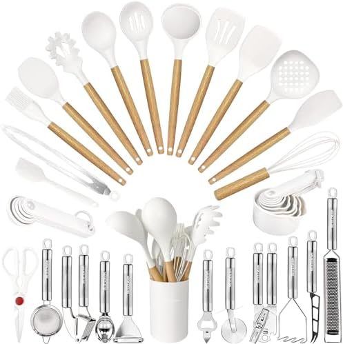 Cooking Utensils Set- 35 PCs Kitchen Utensils with Grater,Tongs, Spoon Spatula &Turner Made of Heat Resistant Food Grade Silicone and Wooden Handles Kitchen Gadgets Tools Set for Cookware