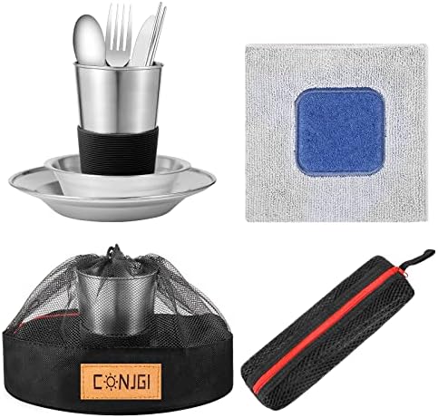 Outdoor Camping Mess Kit - 1 to 2 persons Camping Dishes Includes Cups, Bowls, Dishes, Knives, Forks, Spoons, Etc, Camping Dinnerware Set with Mesh Bag is Easy to Carry Camping Tableware Set
