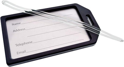 5 Pack - Premium Rigid Airline Luggage Tag Holders with 6" Worm Loops - Heavy Duty Hard Plastic -Suitcase ID Tag Identifiers with Business Card Insert Window by Specialist ID (Black)