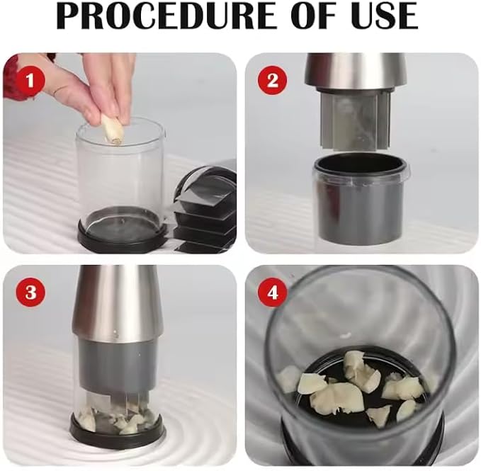 Stainless Steel Garlic Press Mincer with Comfortable Grip, Built-in Spring, 6.3 Inch Height, Clear Collection Cup