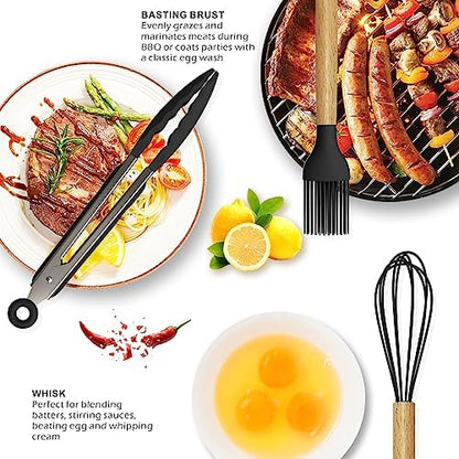 oannao Silicone Cooking Utensils Set - 446°F Heat Resistant Silicone Kitchen Utensils for Cooking,Kitchen Utensil Spatula Set w Wooden Handles, BPA FREE Gadgets for Non-Stick Cookware (Black)