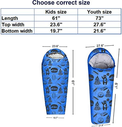 KidzAdventure Mummy Style 32 – 59F Kids Sleeping Bag with Pillow Sleeve, 4 Season, Lightweight and Backpacking Style, Ideal for Camping, Sleepover, Boys, Girls, and Youth